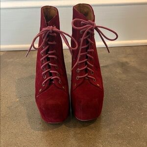 Jeffrey Campbell Red Maroon Platform Shoes with Plush Velvet Finish